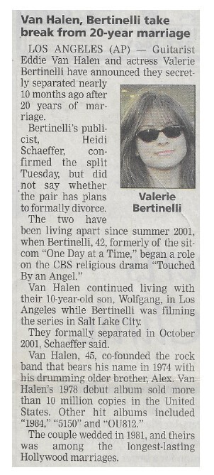 Bertinelli, Valerie / Van Halen, Bertinelli Take Break from 20-Year Marriage / 2002