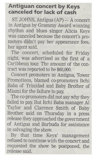 Keys, Alicia / Antiguan Concert by Keys Canceled for Lack of Cash / 2002