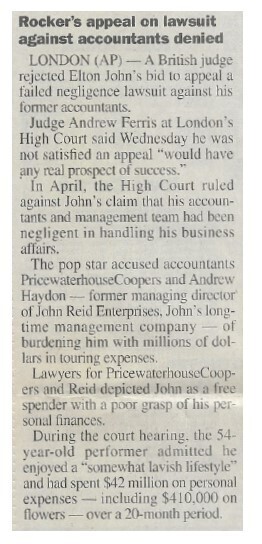 John, Elton / Rocker's Appeal On Lawsuit Against Accountants Denied / 2001