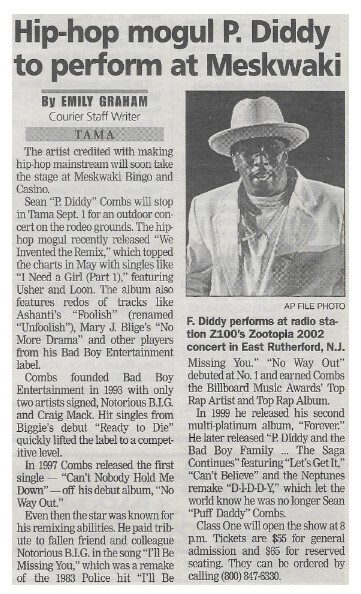 Combs, Sean (Puffy) / Hip Hop Mogul P. Diddy to Perform at Meskwaki / 2002