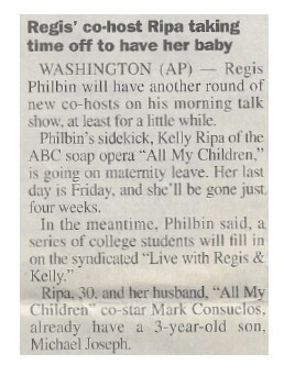 Ripa, Kelly / Regis' Co-Host Ripa Taking Time Off to Have Her Baby / 2001