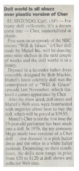 Cher / Doll World is All Abuzz Over Plastic Version of Cher / 2001