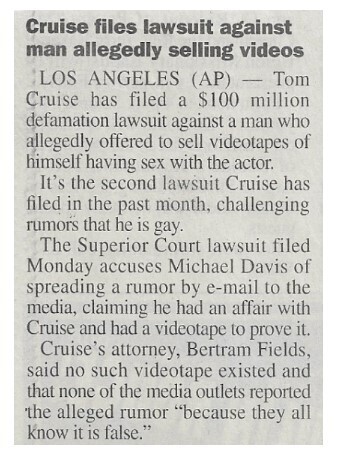 Cruise, Tom / Cruise Files Lawsuit Against Man Allegedly Selling Videos / 2001