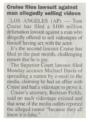 Cruise, Tom / Cruise Files Lawsuit Against Man Allegedly Selling Videos / 2001