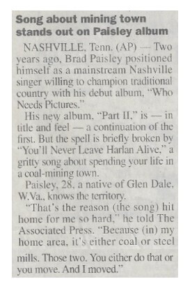 Paisley, Brad / Song About Mining Town Stands Out On Paisley Album / 2001