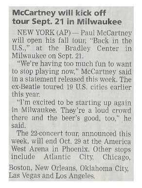 McCartney, Paul / McCartney Will Kick Off Tour Sept. 21 in Milwaukee / 2002