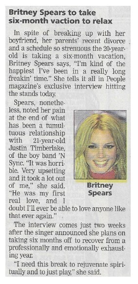 Spears, Britney / Britney Spears to Take Six-Month Vacation to Relax / 2002