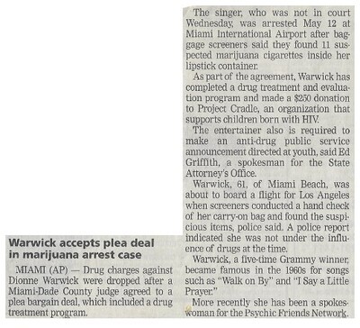 Warwick, Dionne / Warwick Accepts Plea Deal in Marijuana Arrest Case / 2002