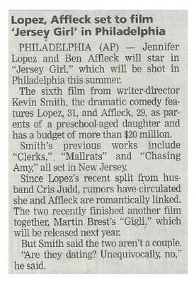 Lopez, Jennifer / Lopez, Affleck Set to Film Jersey Girl in Philadelphia / 2002
