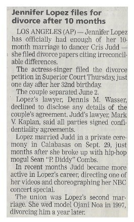 Lopez, Jennifer / Jennifer Lopez Files for Divorce After 10 Months / 2002