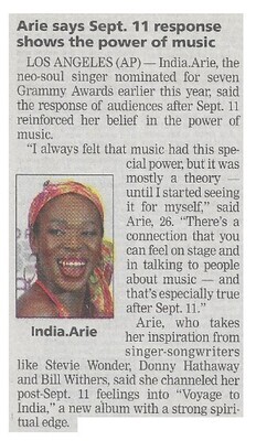 Arie, India / Arie Says Sept. 11 Response Shows the Power of Music / 2002