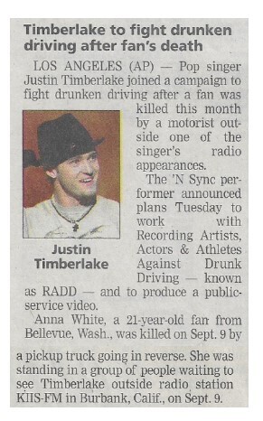 Timberlake, Justin / Timberlake to Fight Drunken Driving After Fan's Death / 2002