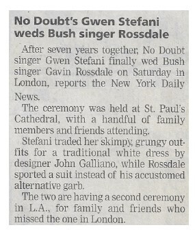 No Doubt / No Doubt's Gwen Stefani Weds Bush Singer Rossdale / 2002