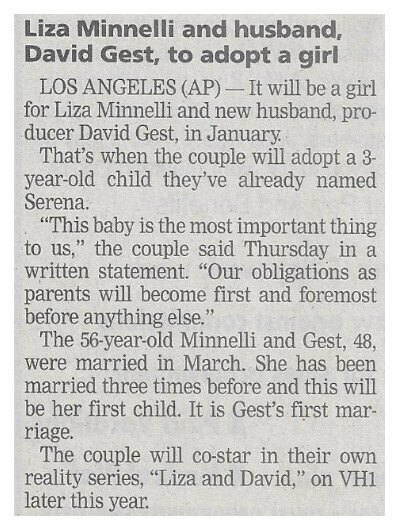 Minnelli, Liza / Liza Minnelli and Husband, David Gest, to Adopt a Girl / 2002