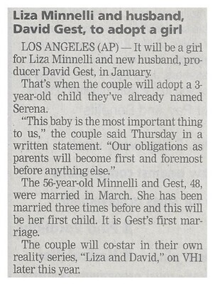 Minnelli, Liza / Liza Minnelli and Husband, David Gest, to Adopt a Girl / 2002