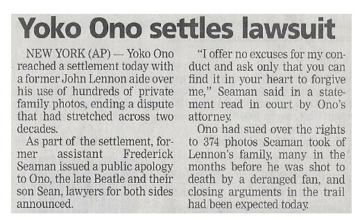 Ono, Yoko / Yoko Ono Settles Lawsuit / 2002