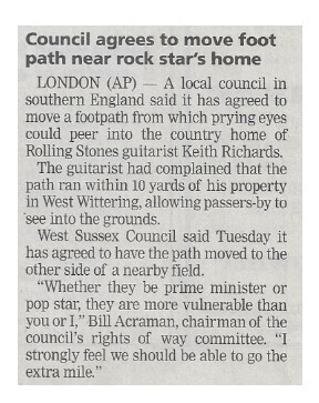 Richards, Keith / Council Agrees to Move Foot Path Near Rock Star's Home / 2002