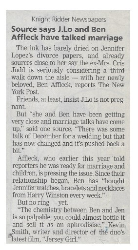 Lopez, Jennifer / Source Says J. Lo and Ben Affleck Have Talked Marriage / 2002
