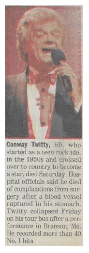 Twitty, Conway / Died Saturday / 1993
