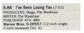 A-Ha / I've Been Losing You / 1986