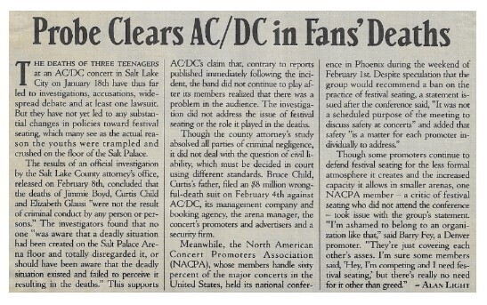 Ac/Dc / Probe Clears AC/DC in Fans' Deaths / 1991