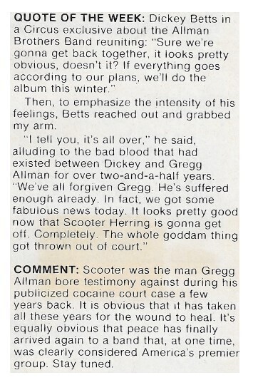 Allman Brothers Band / Dickey Betts - Quote of the Week / 1978