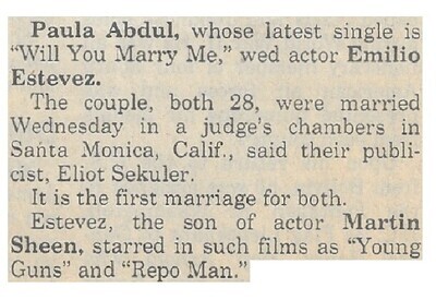 Abdul, Paula / Wed Actor Emilio Estevez / 1992