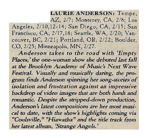 Anderson, Laurie / Tour Dates and Story / 1990