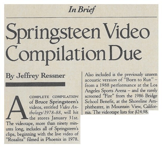 Springsteen, Bruce / Springsteen Video Compilation Due / 1989