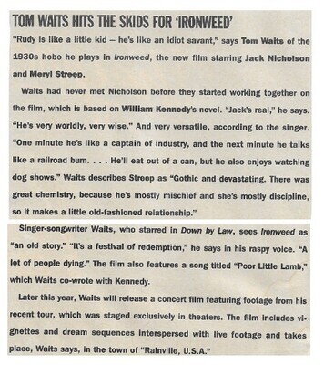 Waits, Tom / Tom Waits Hits the Skids for "Ironweed" / 1988