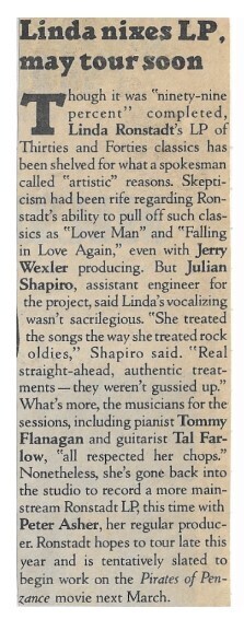 Ronstadt, Linda / Linda Nixes LP, May Tour Soon / 1982