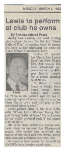 Lewis, Jerry Lee / Lewis to Perform at Club He Owns / 1993