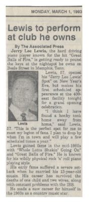 Lewis, Jerry Lee / Lewis to Perform at Club He Owns / 1993