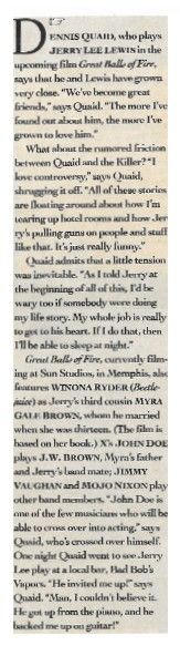 Lewis, Jerry Lee / Upcoming Film--Great Balls of Fire / 1988