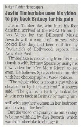 Timberlake, Justin / Justin Timberlake Uses His Video to Pay Back Britney for His Pain / 2002