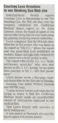 Love, Courtney / Courtney Love Threatens to Sue Smoking Gun Web Site / 2002