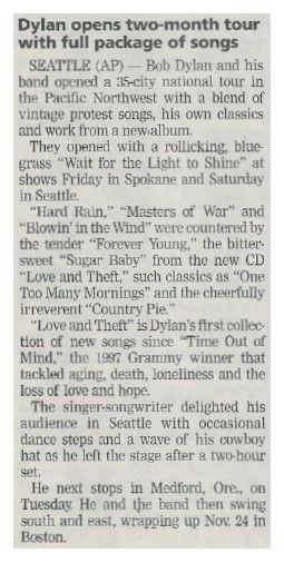 Dylan, Bob / Dylan Opens Two-Month Tour with Full Package of Songs / 2001