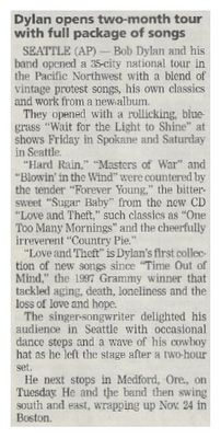 Dylan, Bob / Dylan Opens Two-Month Tour with Full Package of Songs / 2001