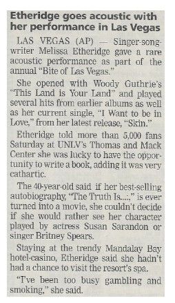 Etheridge, Melissa / Etheridge Goes Acoustic with Her Performance in Las Vegas / 2001