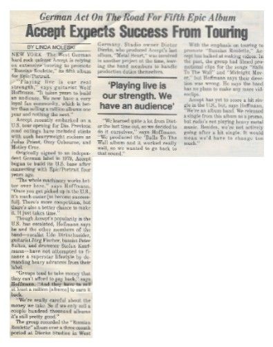 Accept / Accept Expects Success From Touring / 1986