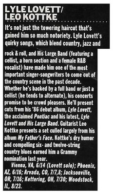 Lovett, Lyle / Tour Dates and Story / 1989