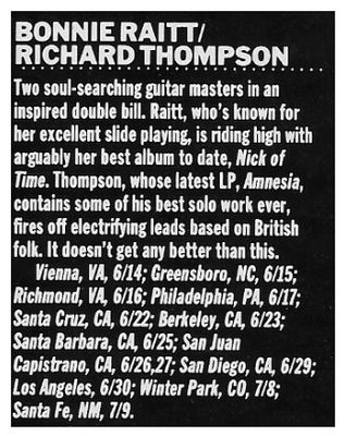 Raitt, Bonnie / Tour Dates and Story / 1989