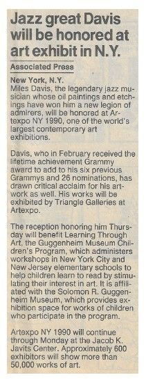 Davis, Miles / Jazz Great Davis Will Be Honored at Art Exhibit in N.Y. / 1990