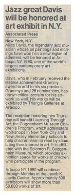 Davis, Miles / Jazz Great Davis Will Be Honored at Art Exhibit in N.Y. / 1990