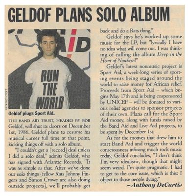 Geldof, Bob / Geldof Plans Solo Album / 1986