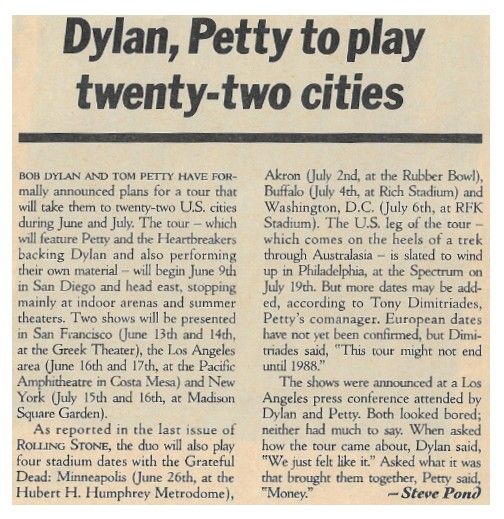 Dylan, Bob / Dylan, Petty to Play Twenty-Two Cities / 1986