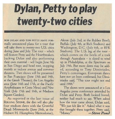Dylan, Bob / Dylan, Petty to Play Twenty-Two Cities / 1986