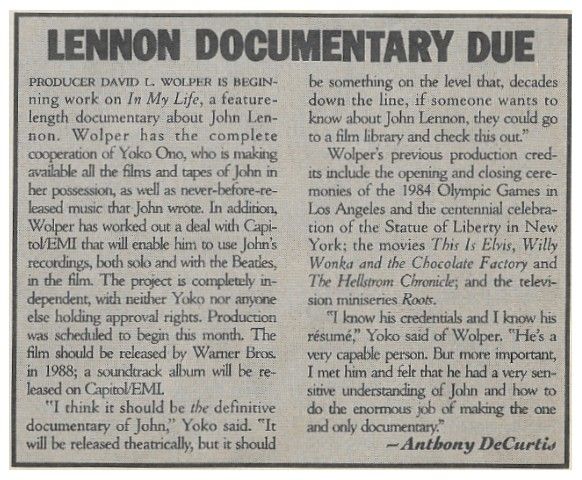 Lennon, John / Lennon Documentary Due / 1987
