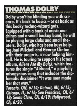 Dolby, Thomas / Tour Dates and Story / 1988