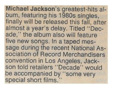 Jackson, Michael / Greatest Hits Finally Released This Fall / 2001